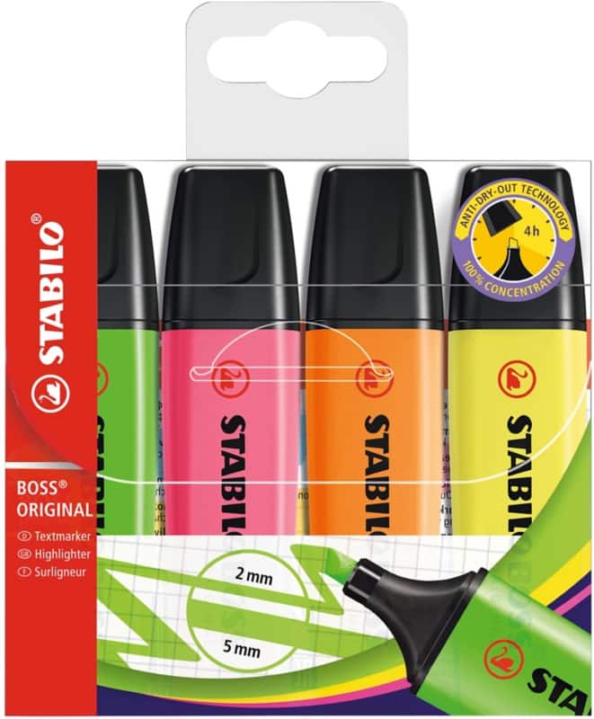 STABILO BOSS ORIGINAL Tekstmarker Kleurenassortiment Medium Beitelpunt 2 - 5 mm Navulbaar 4 Stuks