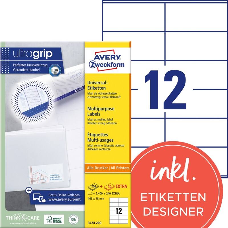 Avery Ultragrip Laser Etiketten 3424-200 Klevend A4 Wit 105 x 48 mm 220 Vellen à 12 Etiketten