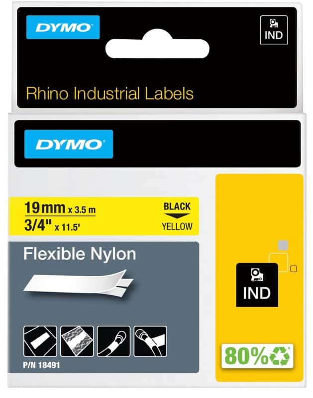DYMO IND S0718090/18491 Rhino Nylontape 18491 Zelfklevend Zwart op Geel 19 mm x 3,5 m