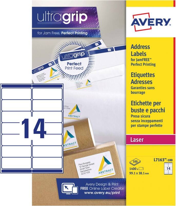 Avery UltraGrip Adresetiketten L7163-100 Klevend A4 Wit 99,1 x 38,1 mm 100 Vellen à 14 Etiketten