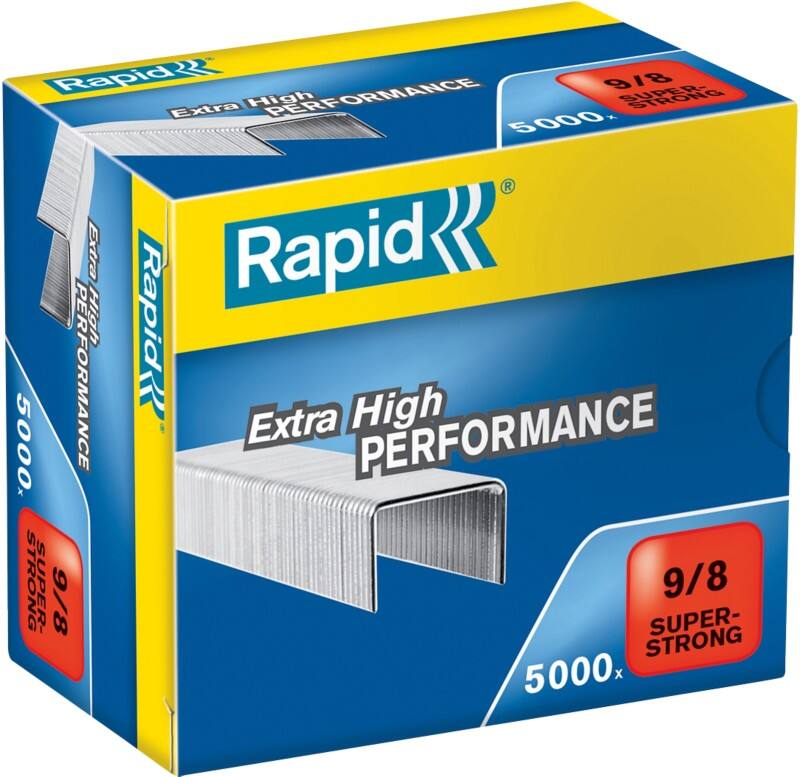 Rapid Super Strong Nietjes 24871000 Halve strip 40 Vellen Zilver 9/8 Gegalvaniseerd staal 5000 Nietjes