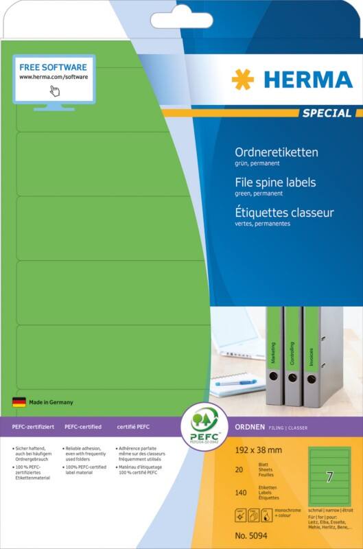 HERMA Rug Etiketten 5094 Groen Rechthoekig A4 192 x 38 mm 20 Vellen van 20 Etiketten