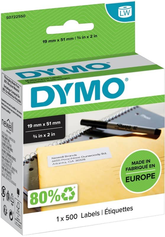 DYMO LW Multifunctionele etiketten Authentiek 11355 18432 Zelfklevend Zwart op Wit 19 x 51 mm 500 Etiketten