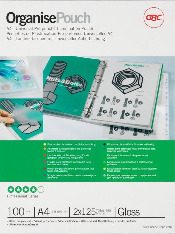 GBC Organise Lamineerhoezen A4 Glanzend 125 micron (2 x 125) Transparant 11 Gaten 100 Stuks