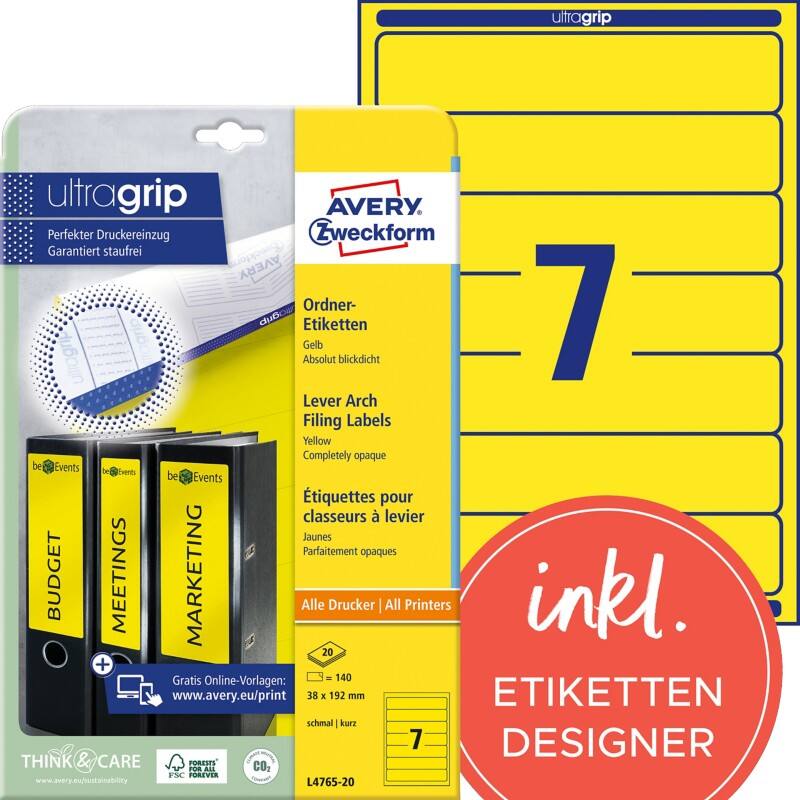 Avery UltraGrip Ordnerrugetiketten L4765-20 Klevend A4 Geel 3,8 x 19,2 cm 20 Vellen à 7 Etiketten