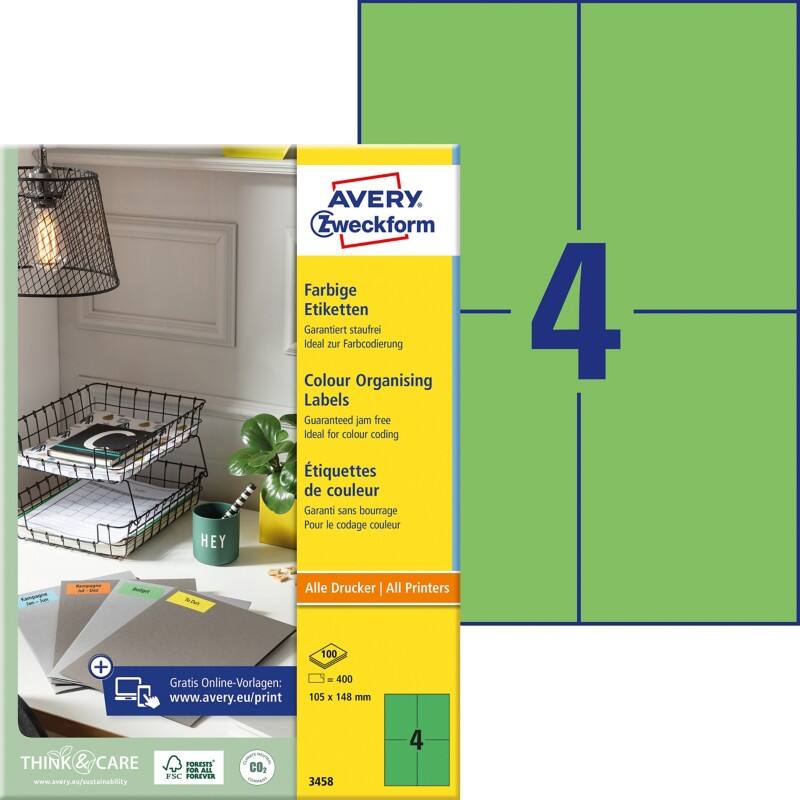 Avery Etiketten 3458 Klevend A4 Groen 105 x 148 mm 100 Vellen à 4 Etiketten