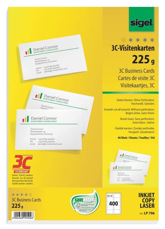 Sigel Visitekaartjes 225 g/m² Wit 40 Vellen à 10 Stuks
