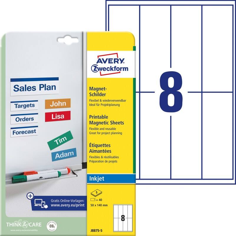 Avery Magneetetiketten J8875-5 A4 Wit 50 x 140 mm 5 Vellen à 8 Etiketten