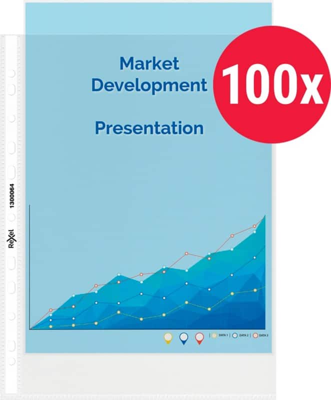 Rexel Showtassen A4 Glashelder Transparant 80 micron PP (Polypropeen) Boven 11 Gaten 100 Stuks