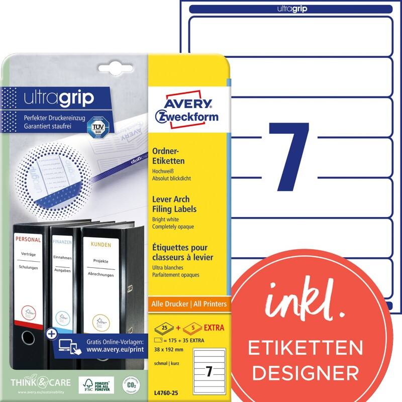 Avery UltraGrip Ordnerrugetiketten L4760-25 Klevend A4 Wit 38 x 192 mm 30 Vellen à 7 Etiketten