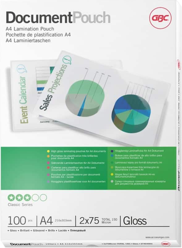 GBC Document Lamineerhoezen A4 Glanzend 75 micron (2 x 75) Transparant 100 Stuks