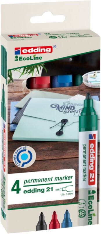 edding EcoLine 21 Permanentmarker Medium Ronde punt 1,5 - 3 mm Kleurenassortiment Navulbaar Waterbestendig 4 Stuks