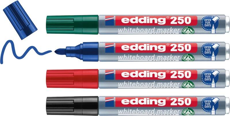 edding 250 Niet-permanent Whiteboard-marker Kleurenassortiment Medium Ronde punt 1,5 - 3 mm 100% Gerecycled 4 Stuks