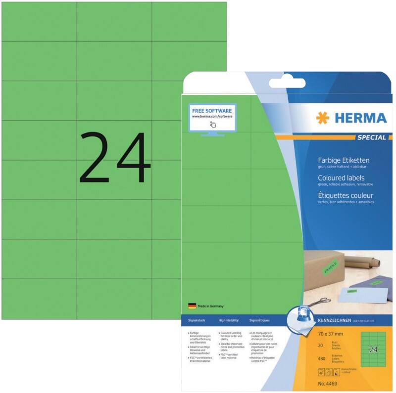 HERMA Laser Etiketten 4469 Klevend A4 Groen 70 x 37 mm  20 Vellen à 24 Etiketten