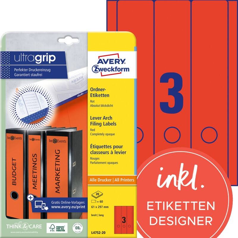 Avery UltraGrip Rugetiket L4752-20 Klevend A4 Rood 6,1 x 29,7 cm 20 Vellen à 3 Etiketten