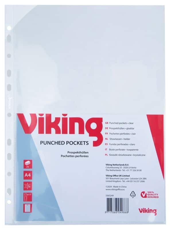 Viking Premium Showtassen A4 Glashelder Transparant 110 micron PP (Polypropeen) Boven 11 Gaten 25 Stuks