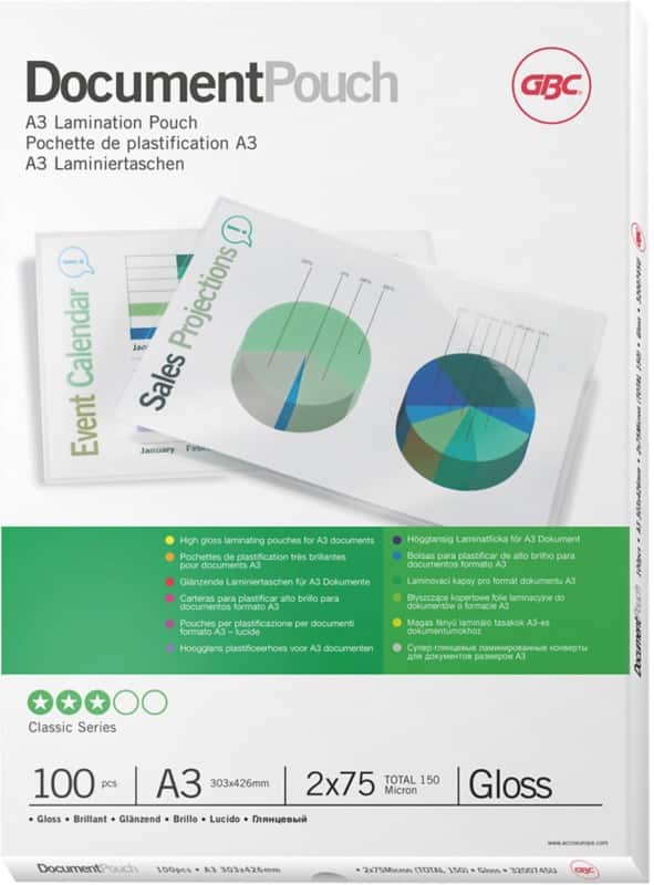 GBC Document Lamineerhoezen A3 Glanzend 75 micron (2 x 75) Transparant 100 Stuks