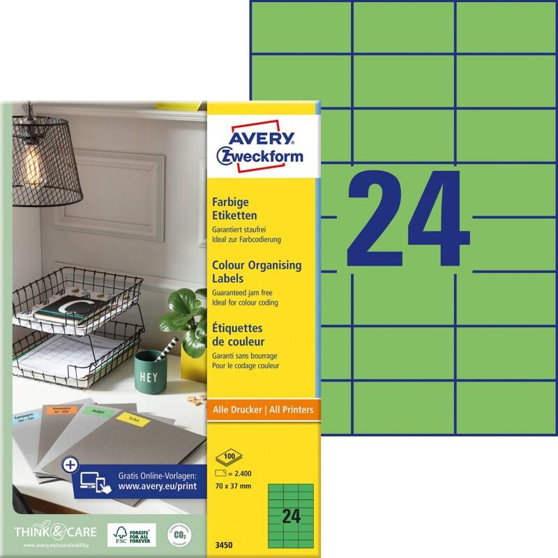 Avery Etiketten 3450 Klevend A4 Groen 70 x 37 mm 100 Vellen à 24 Etiketten