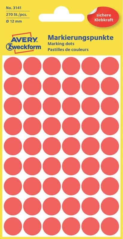 Avery Markeringspunten 3141 Klevend Rood 12 x 12 mm 5 Vellen à 54 Etiketten
