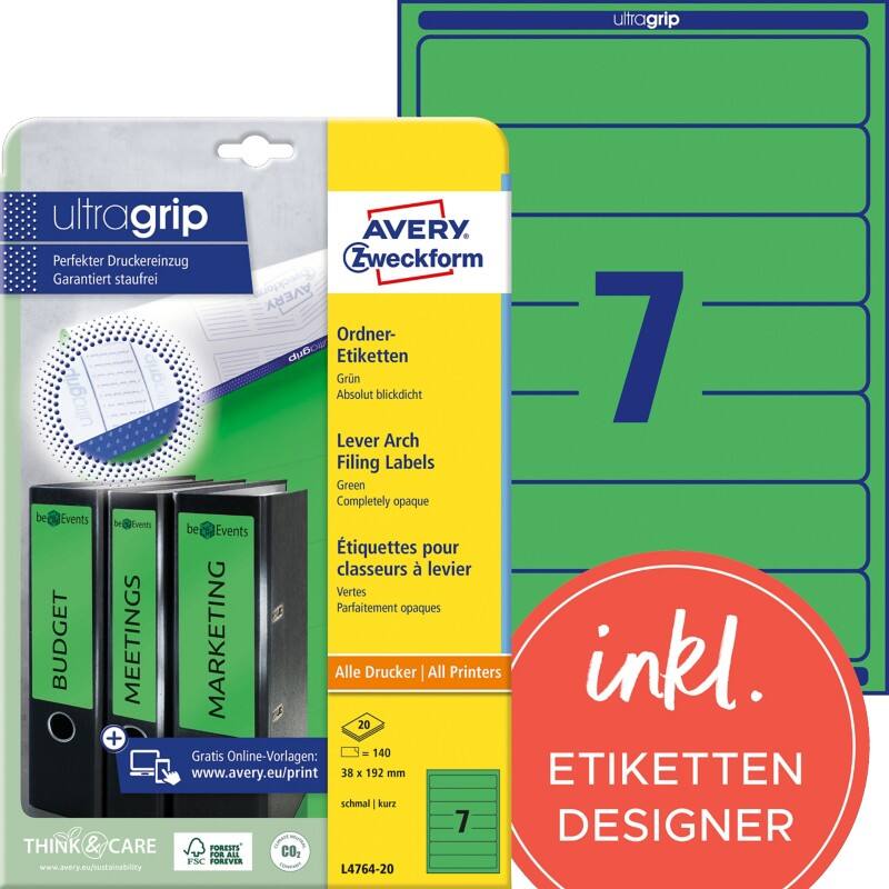 Avery UltraGrip Ordnerrugetiketten L4764-20 Klevend A4 Groen 3,8 x 19,2 cm 20 Vellen à 7 Etiketten