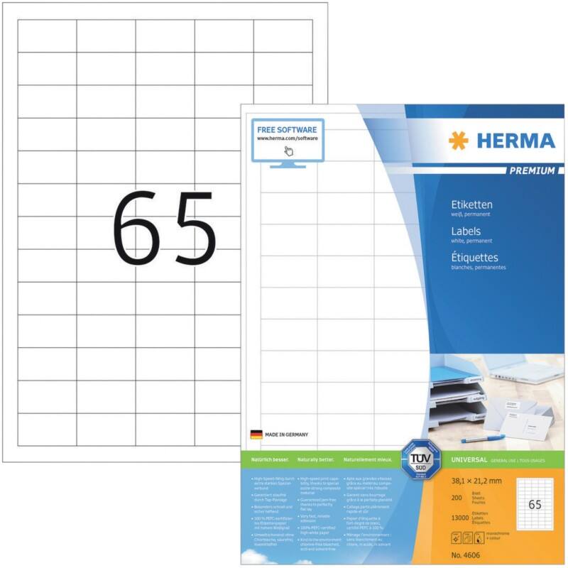HERMA Etiketten 4606 Klevend A4 Wit 38,1 x 21,2 mm  200 Vellen à 65 Etiketten