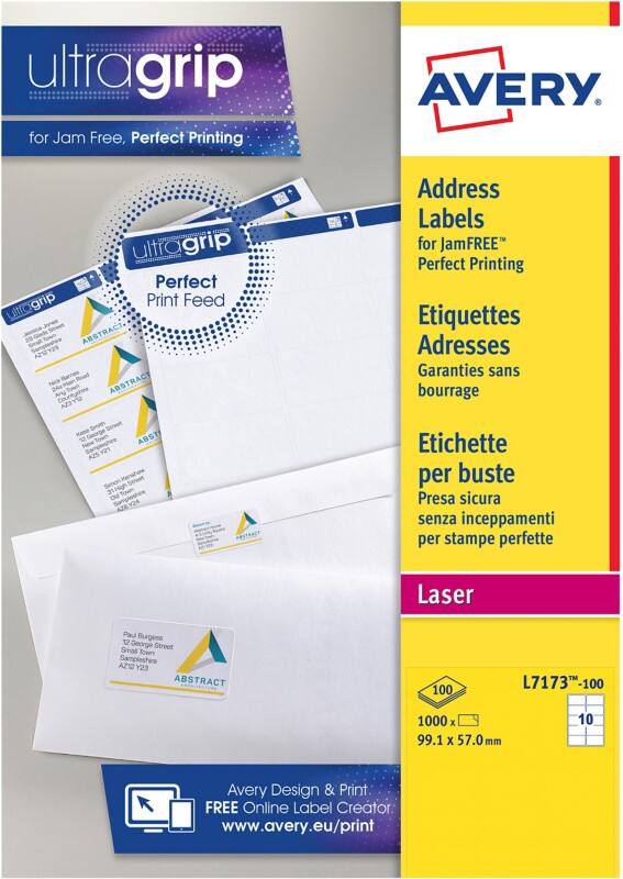 Avery UltraGrip Adresetiketten L7173-100 Klevend A4 Wit 99,1 x 57 mm 100 Vellen à 10 Etiketten