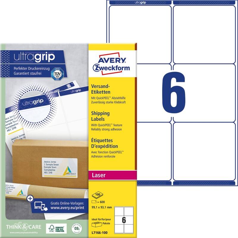 Avery UltraGrip Verzendetiketten L7166-100 Klevend A4 Wit 99,1 x 93,1 mm 100 Vellen à 6 Etiketten