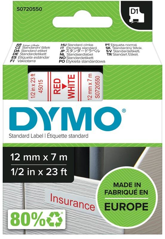 DYMO D1 Etiketteertape Authentiek 45015 S0720550 Zelfklevend Rood op Wit 12 mm x 7 m