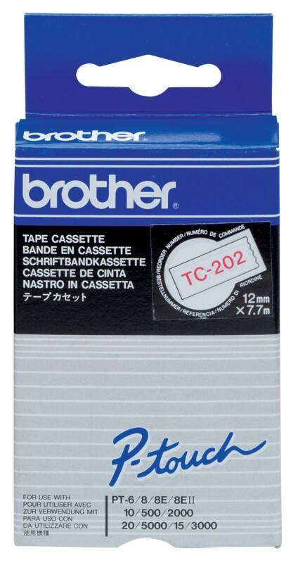 Brother TC Labeltape TC-202 Zelfklevend Zelfklevend Wit op Rood 12 mm x 7,7 m
