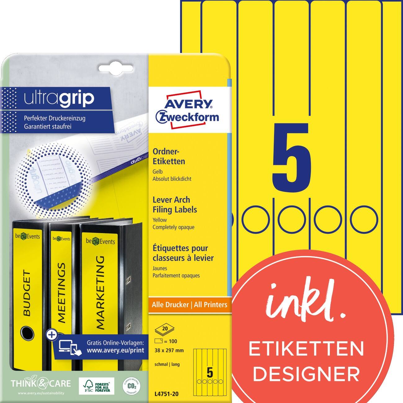AVERY Zweckform UltraGrip Rugetiket Zelfklevend Smal L4751-20 38 x 297 mm Geel 20 Vellen à 5 Etiketten