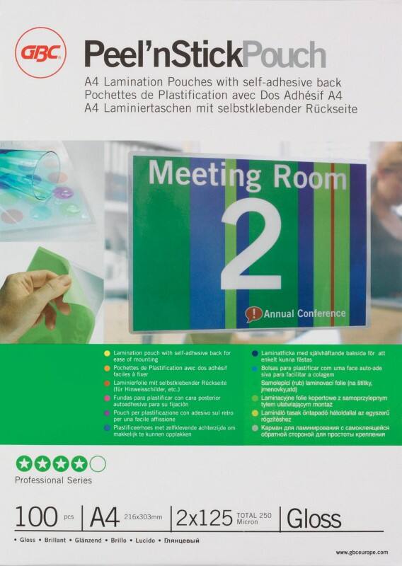 GBC Peel'nStick Lamineerhoezen A4 Zelfklevend Glanzend 125 micron (2 x 125) Transparant 100 Stuks