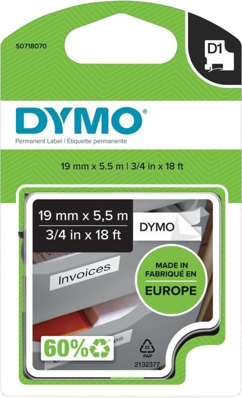 Dymo D1 S0718070 / 16960 Authentiek Polyester Labeltape Zelfklevend Zwart op wit 19 mm x 5.5m