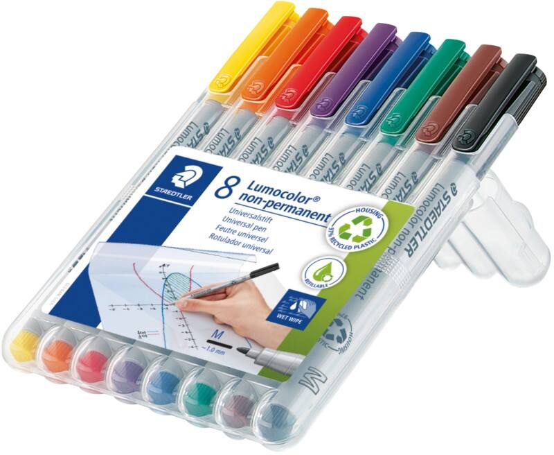 STAEDTLER Lumocolor 315 Overheadmarker 97% Gerecycled Medium Ronde punt 1 mm Kleurenassortiment Navulbaar 8 Stuks