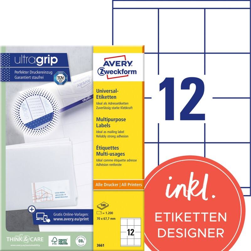 Avery Ultragrip Etiketten 3661 Klevend A4 Wit 70 x 67,7 mm 100 Vellen à 12 Etiketten