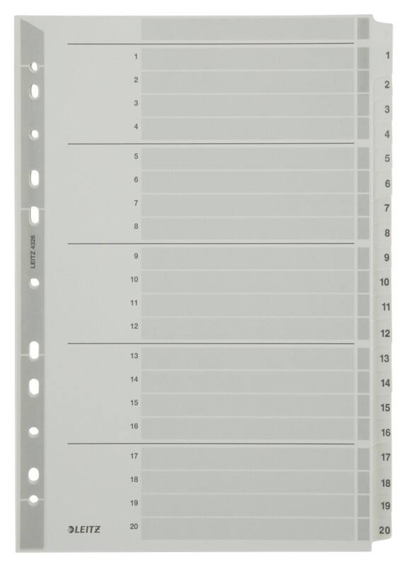 Leitz Tabbladen 4326 A4 Grijs 20 tabs Geperforeerd Karton 1 tot 20