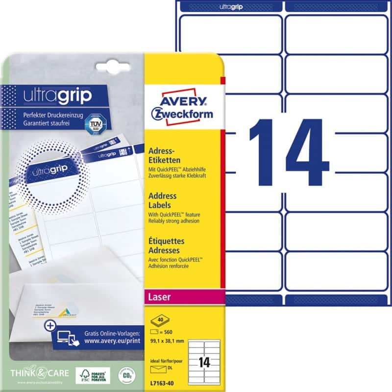 Avery Ultragrip Adresetiketten L7163-40 Klevend A4 Wit 99,1 x 38,1 mm 40 Vellen à 14 Etiketten