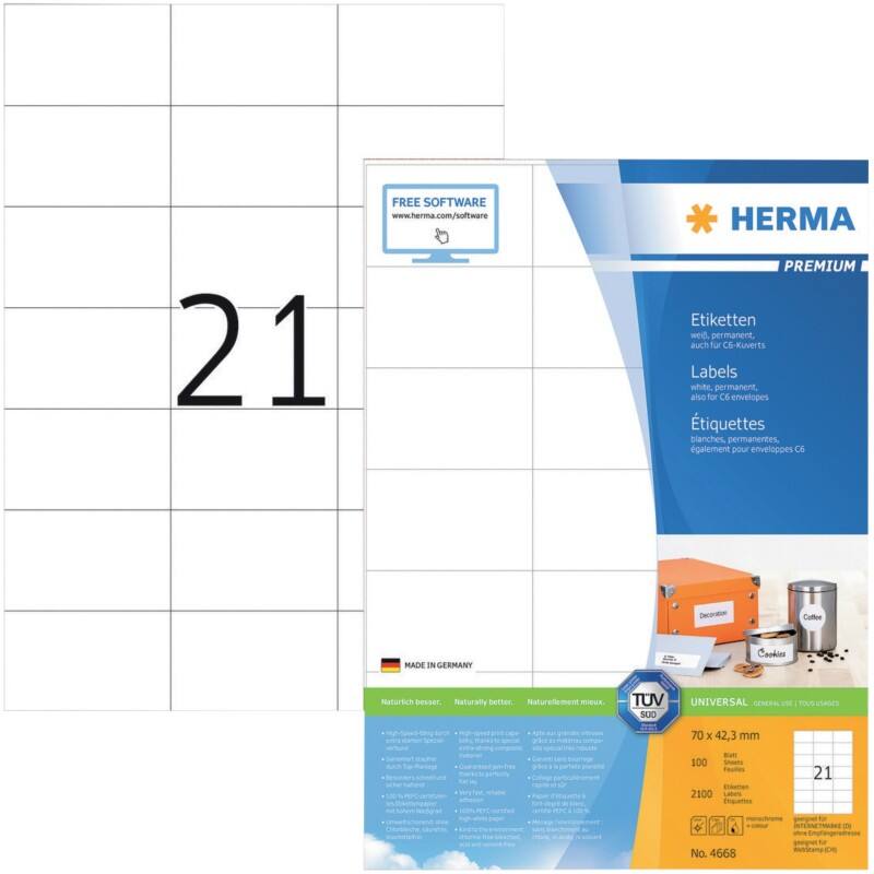 HERMA Etiketten 4668 Klevend A4 Wit 70 x 42,3 mm  100 Vellen à 21 Etiketten