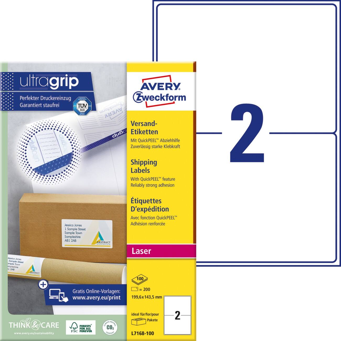 AVERY Zweckform UltraGrip Verzendetiketten L7168-100 Klevend A4 Wit 199,6 x 143,5 mm 100 Vellen à 2 Etiketten