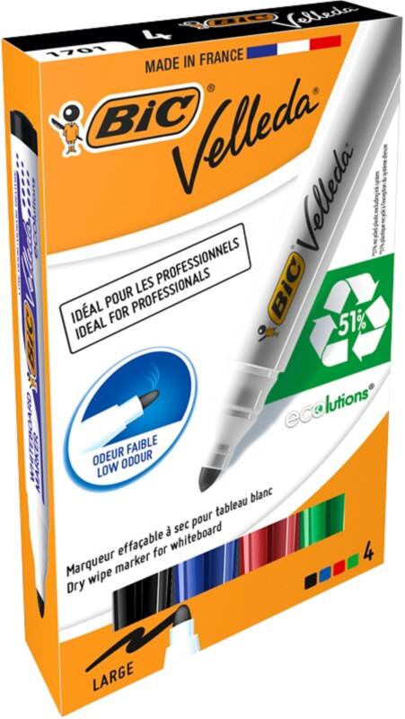 BIC Velleda 1701 Niet-permanent Whiteboard-marker Kleurenassortiment Breed Ronde punt - 51% Gerecycled 4 Stuks