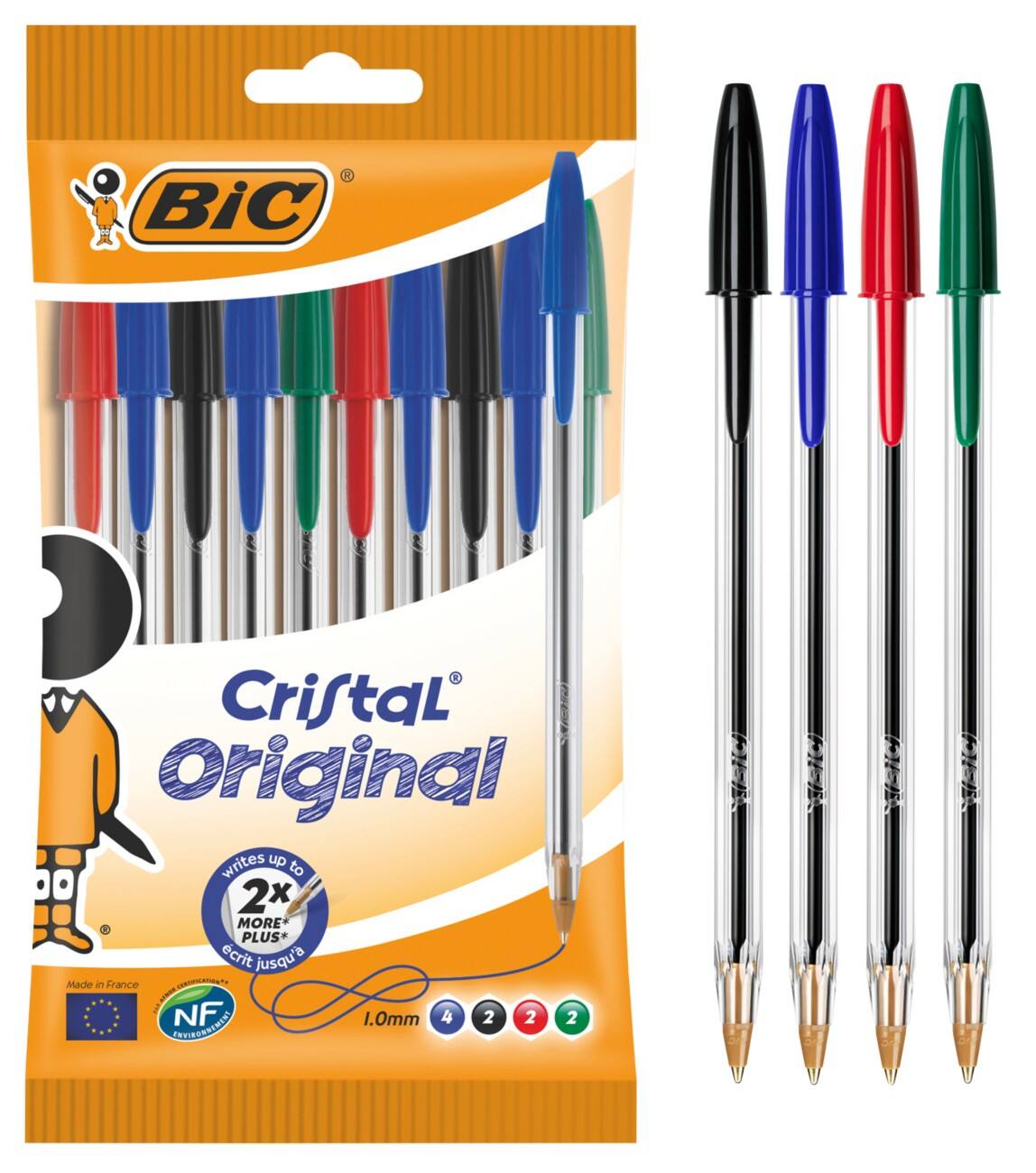 BIC Cristal® Balpennen Zwart, Blauw, Groen, Rood Met dop 10 Stuks