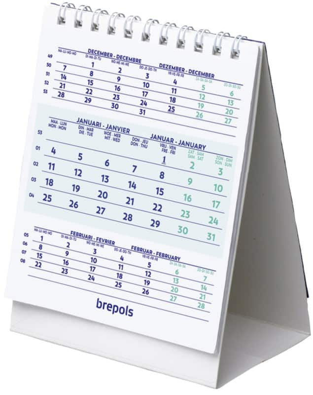 Brepols kalender 2025 3 maanden per pagina engels 10,5 (b) x 0,4 (d) x 13 (h) cm wit