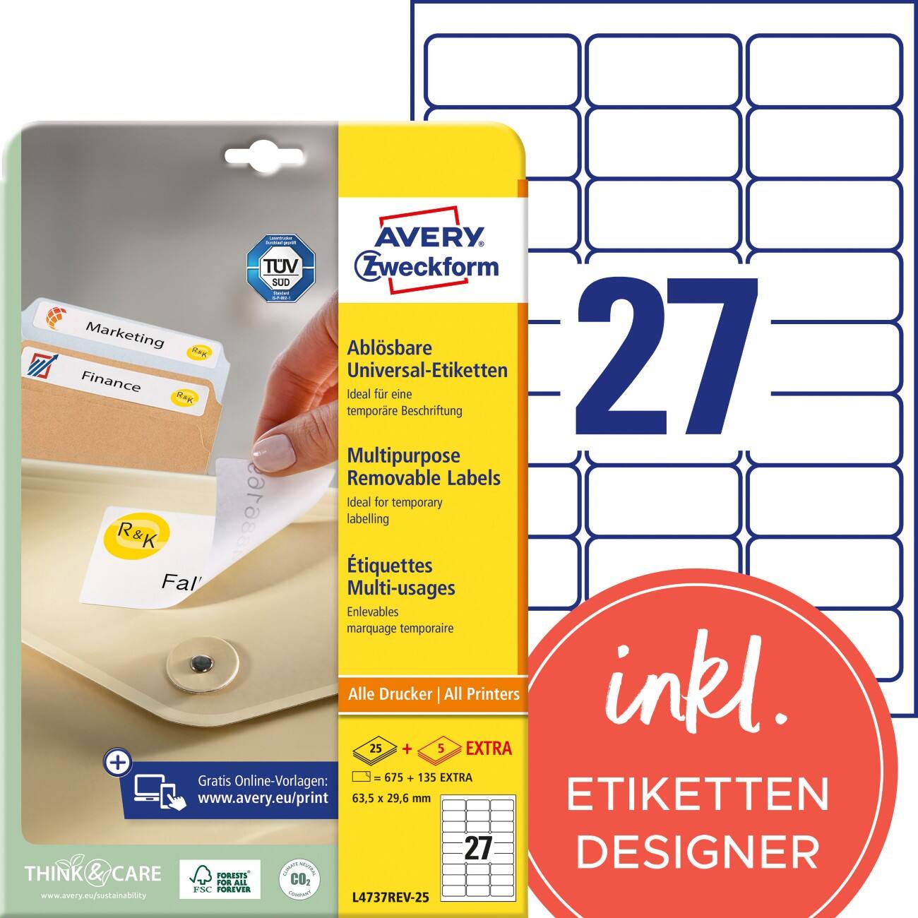 AVERY Zweckform Etiketten L4737REV-25 Klevend A4 Wit 63,5 x 29,6 mm 30 Vellen à 27 Etiketten