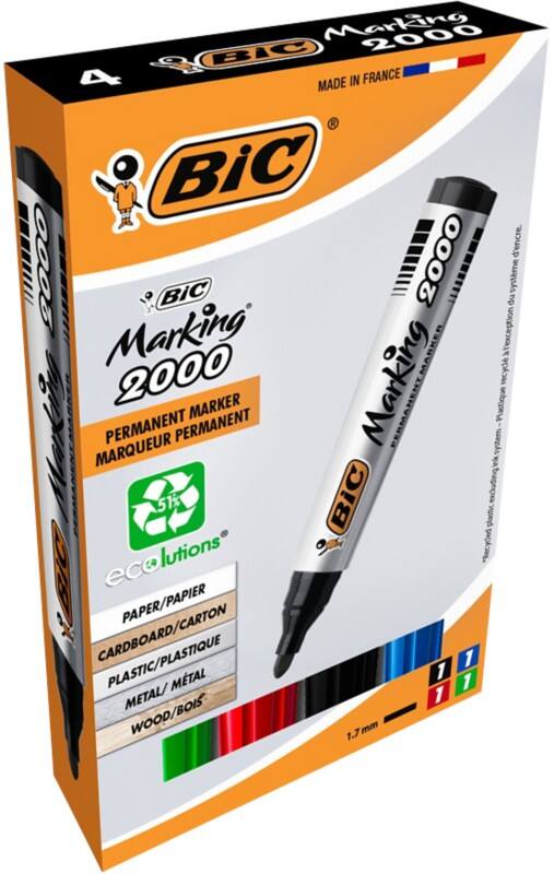 BIC Marking 2000 Permanentmarker 51% Gerecycled Medium Ronde punt 1,7 - 1,7 mm Kleurenassortiment 4 Stuks
