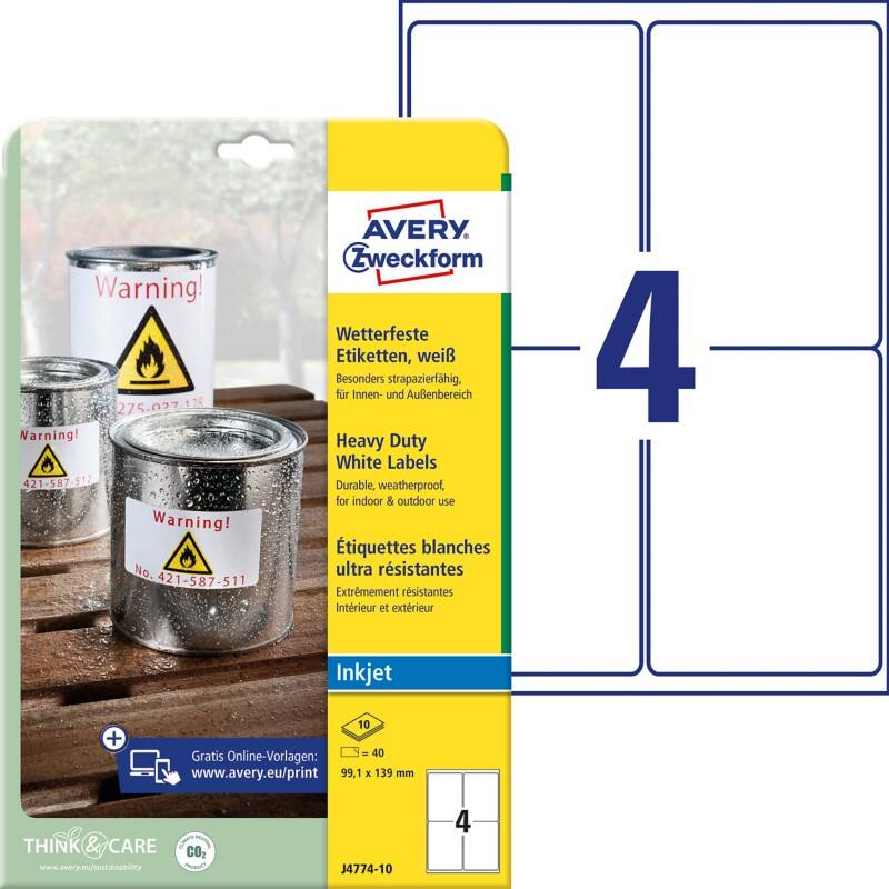 AVERY Zweckform Waterbestendige folie-etiketten J4774-10 Wit 99,1 x 139 mm Pak van 10 van 4 Etiketten
