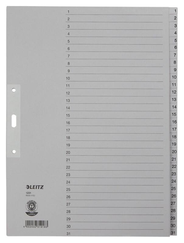 Leitz Tabbladen 1231 A4+(volle hoogte) Grijs 31 tabs Geperforeerd Papier 1 tot 31