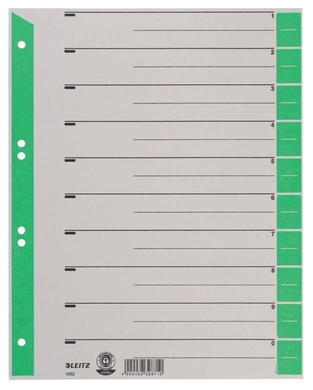 Leitz 1 tot 10 Tabbladen A4+ Groen 10 tabs Karton 6 Gaten 1652 100 Stuks