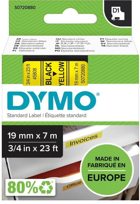 Dymo S0720880 / 45808 Authentiek Labeltape D1 Zelfklevend Zwart op geel 19 mm x 7m