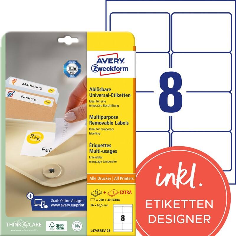 Avery Ultragrip Etiketten L4745REV-25 Klevend A4 Wit 96 x 63,5 mm 30 Vellen à 8 Etiketten