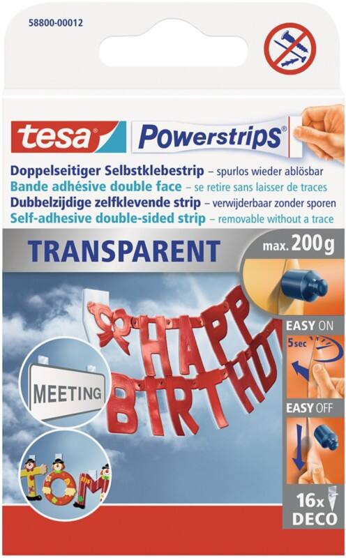 tesa Kleefband Powerstrips Transparant 15 mm (B) x 0,081 m (L) Synthetisch rubber 16 Stuks