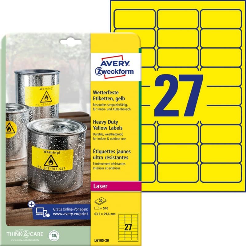 Avery Speciale etiketten L6105-20 Klevend A4 Geel 63,5 x 29,6 mm 20 Vellen à 27 Etiketten